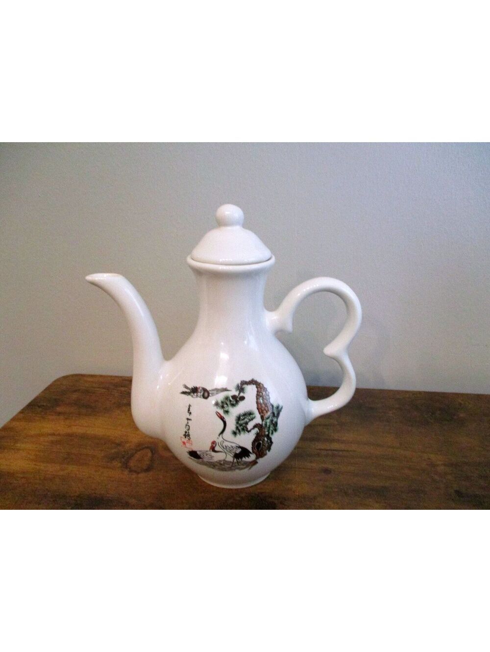 Vintage Korean White Porcelain Crane Teapot • Pine Tree